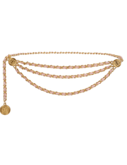Fleur de Camélia pink leather gold chain triple chain belt with coin charms and adjustable chain closure