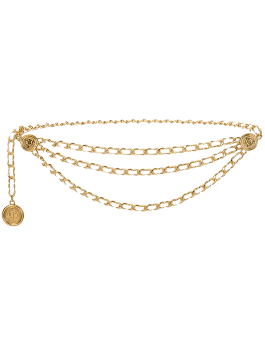 Fleur de Camélia white leather gold chain triple chain belt with coin charms and adjustable chain closure