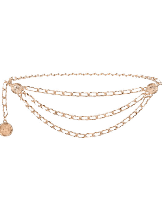 Fleur de Camélia white leather rose gold chain triple chain belt with coin charms and adjustable chain closure