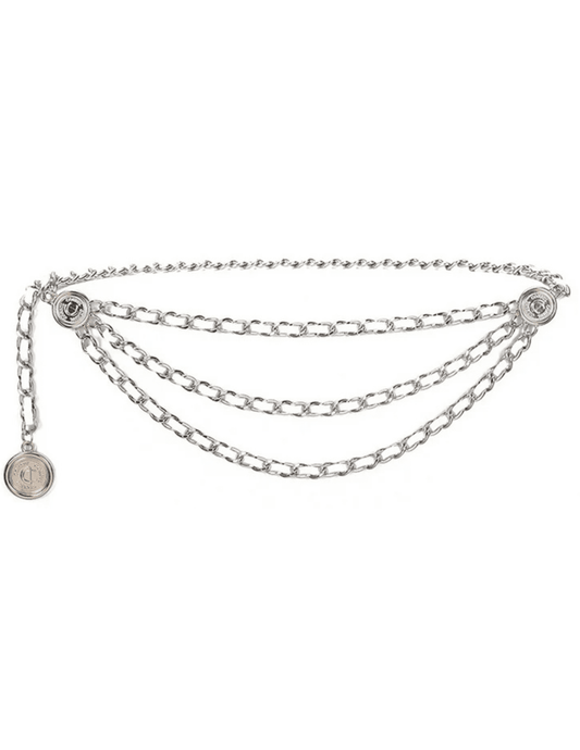 Fleur de Camélia white leather silver chain triple chain belt with coin charms and adjustable chain closure