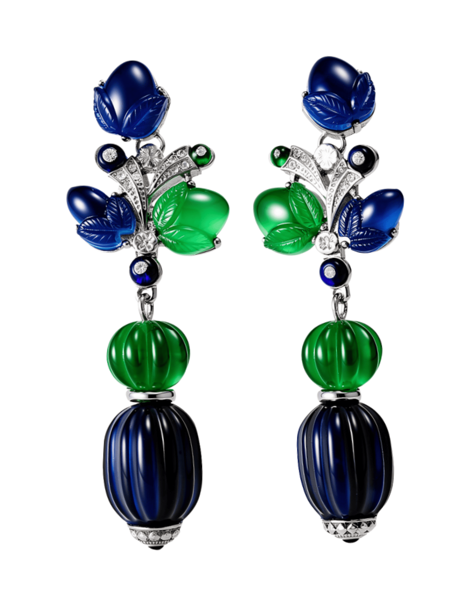 Fleur de Camélia Leila dangle earrings with green and blue resin beads and floral motif
