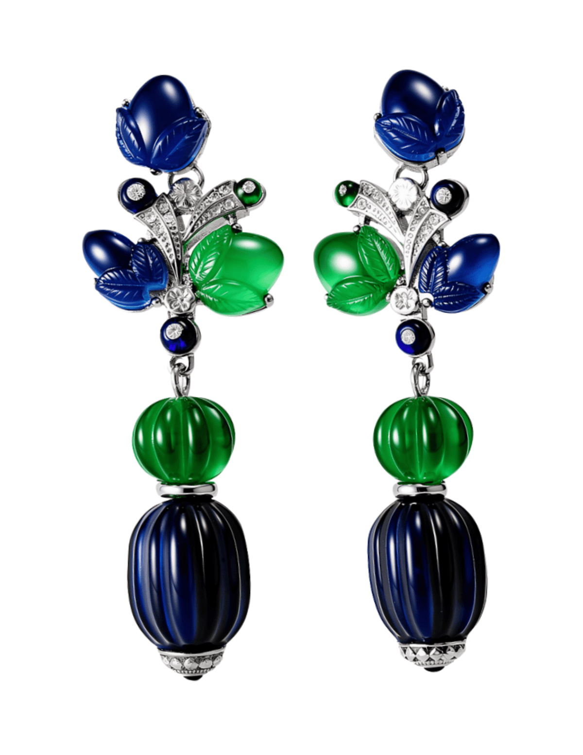 Fleur de Camélia Leila dangle earrings with green and blue resin beads and floral motif
