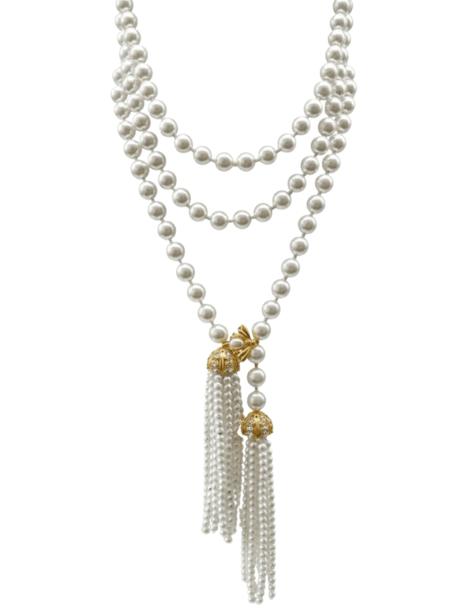 Fleur de Camélia Lola Pearl Necklace – long layered pearl necklace with gold accents and tassel details