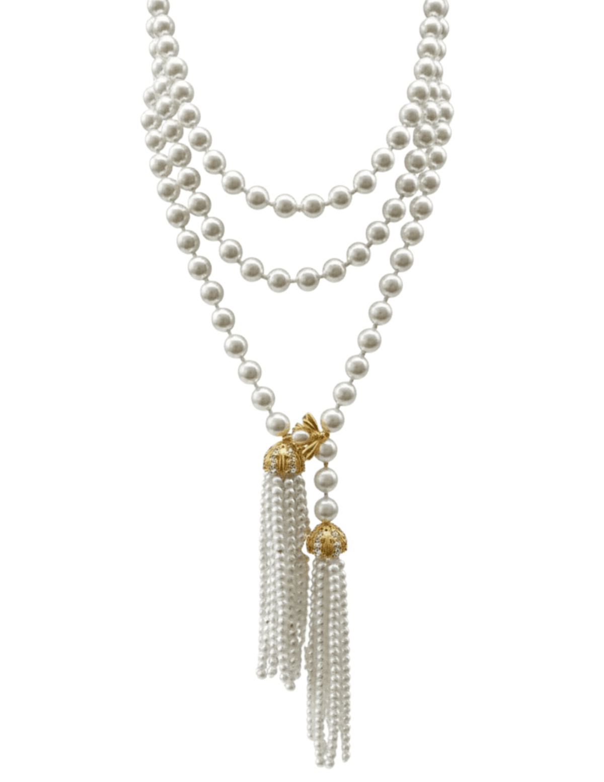Fleur de Camélia Lola Pearl Necklace – long layered pearl necklace with gold accents and tassel details