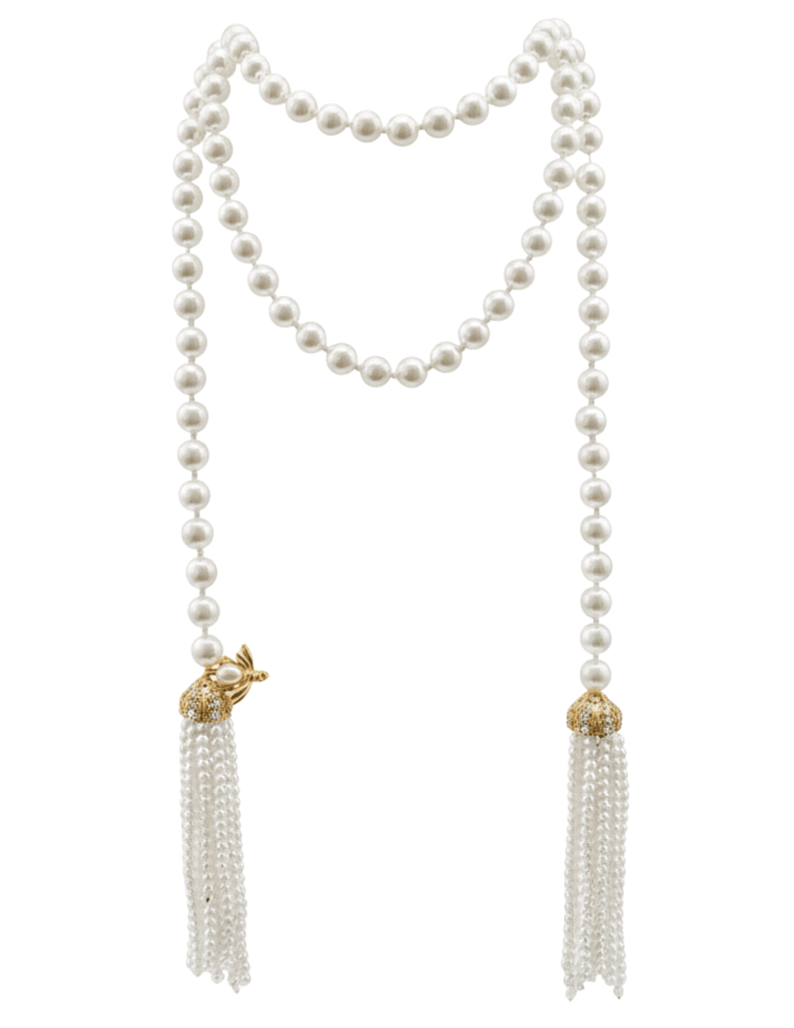 Fleur de Camélia Lola Pearl Necklace – long layered pearl necklace with gold accents and tassel details