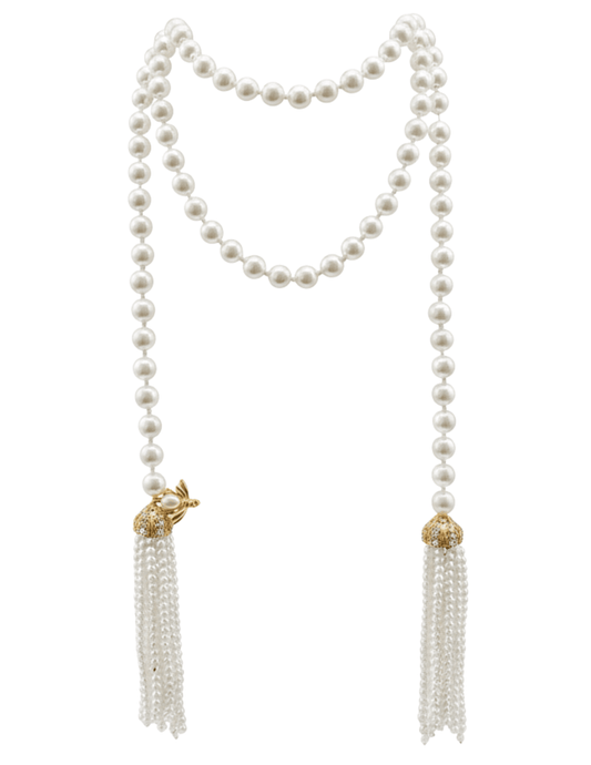 Fleur de Camélia Lola Pearl Necklace – long layered pearl necklace with gold accents and tassel details