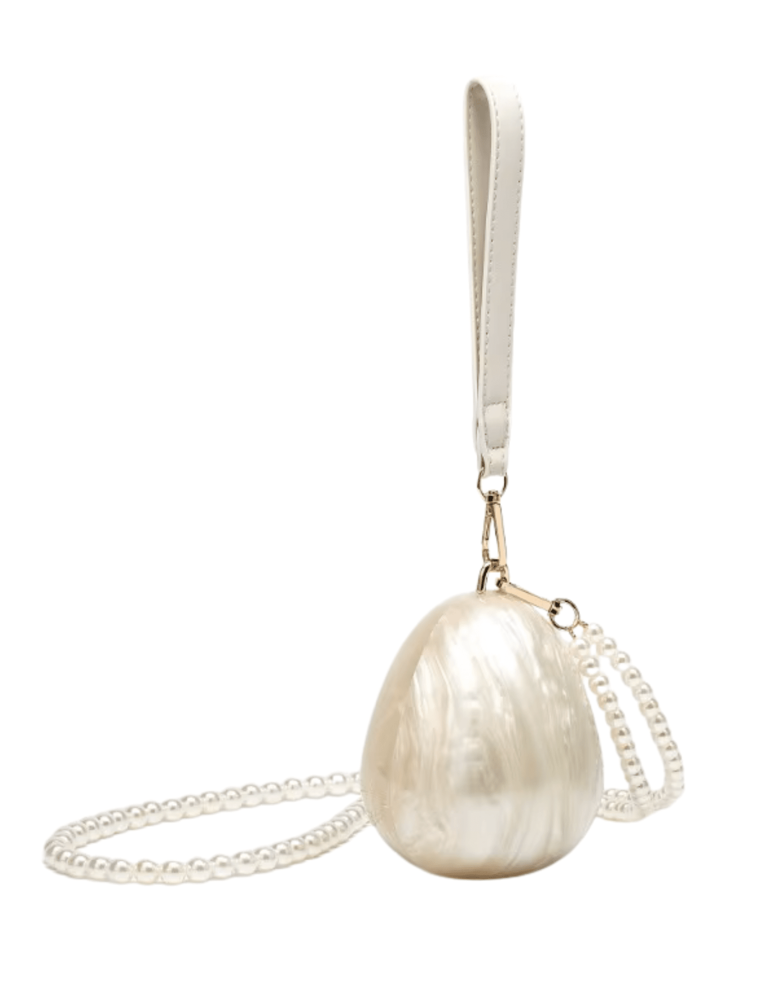 Ivory egg-shaped acrylic Lottie Mini Pearl Clutch with gold hardware and wrist strap