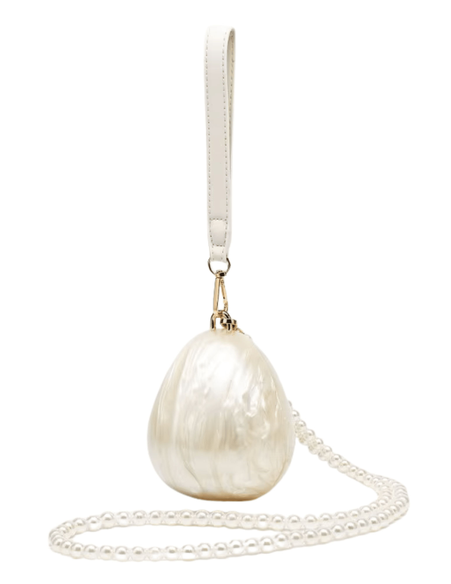 Ivory egg-shaped acrylic Lottie Mini Pearl Clutch with gold hardware and wrist strap
