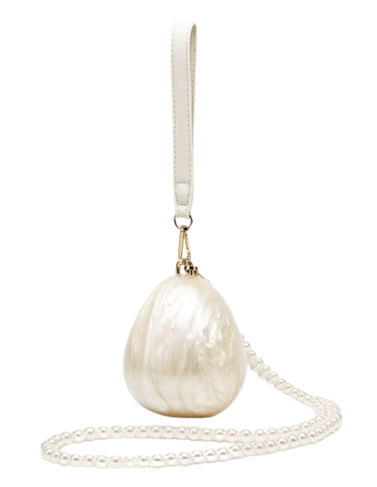 Ivory egg-shaped acrylic Lottie Mini Pearl Clutch with gold hardware and wrist strap