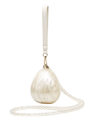 Ivory egg-shaped acrylic Lottie Mini Pearl Clutch with gold hardware and wrist strap