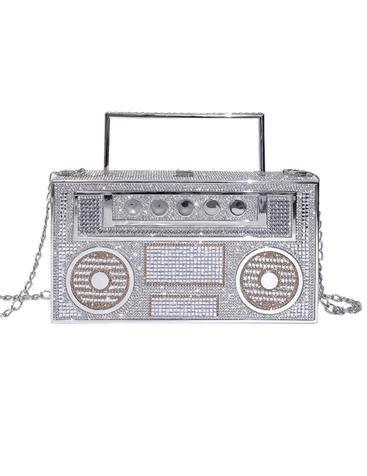 Fleur de Camélia Madonna Silver Boombox Clutch with chain strap detail.
