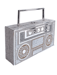 Side angle of Fleur de Camélia Madonna Boombox Clutch with rhinestone design