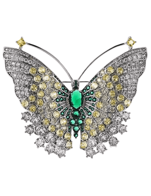 Fleur de Camélia Maisie butterfly brooch in green multi with crystal rhinestones