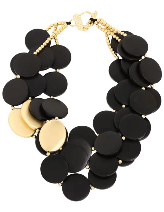 Fleur de Camélia Maxie Wooden Necklace in black with round beads and gold-tone accents