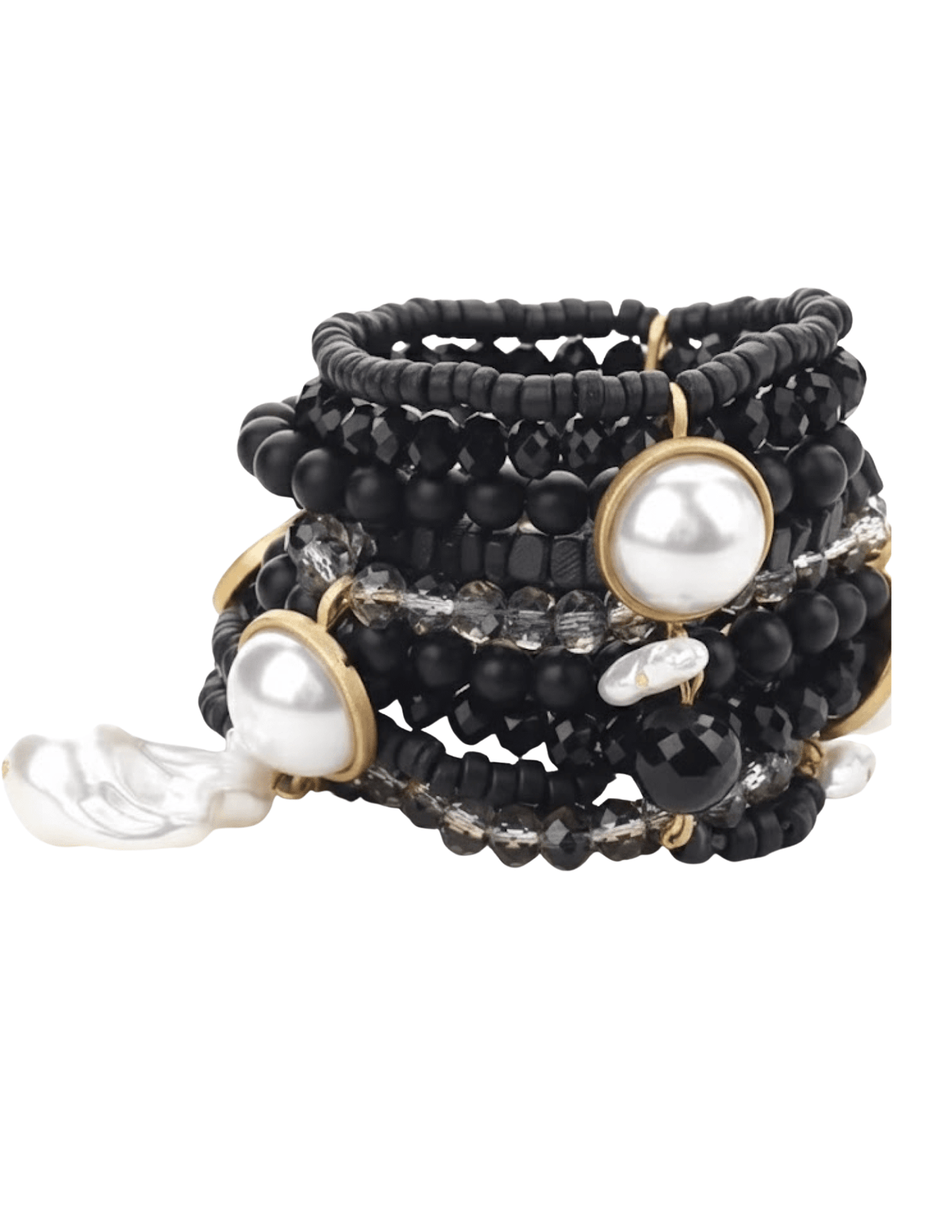 Fleur de Camélia Mimi Beaded Stretch Cuff Bracelet in Black with Baroque Pearl-Inspired Charms