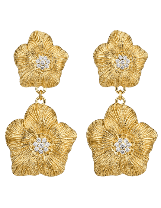 Fleur de Camélia Mimi gold double flower drop earrings