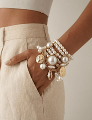 Fleur de Camélia Mimi Pearl Stretch Cuff Bracelet on model
