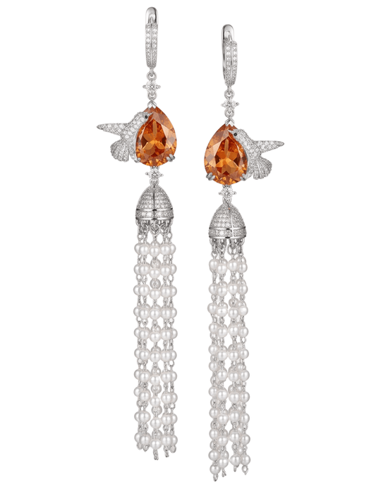 Fleur de Camélia Myna Pearl Tassel Earrings in Silver & Orange