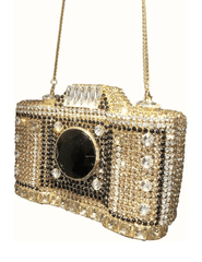 Naomi Rhinestone Camera Clutch with detachable gold-tone top handle chain.