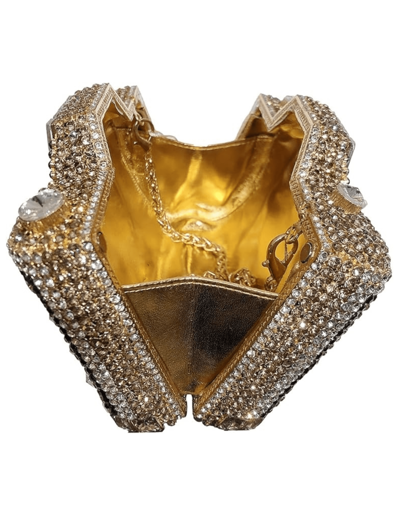Fleur de Camélia Naomi Rhinestone Camera Clutch in gold with rhinestone detailing.