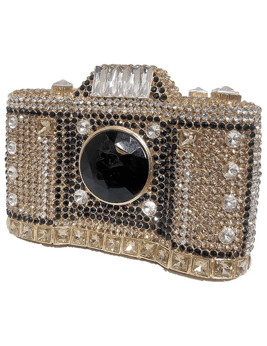 Fleur de Camélia Naomi Rhinestone Camera Clutch in gold with rhinestone detailing.
