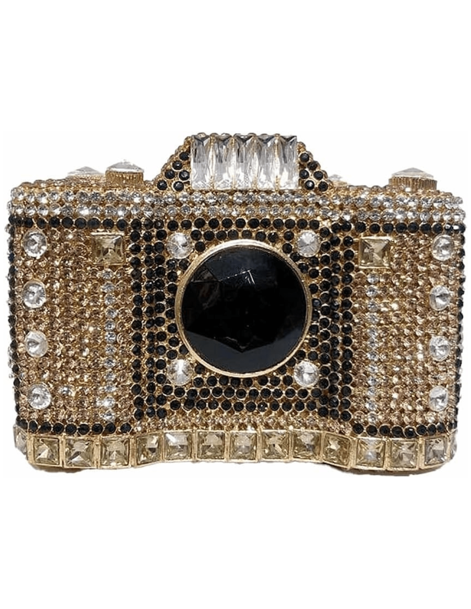 Fleur de Camélia Naomi Rhinestone Camera Clutch in gold with rhinestone detailing.