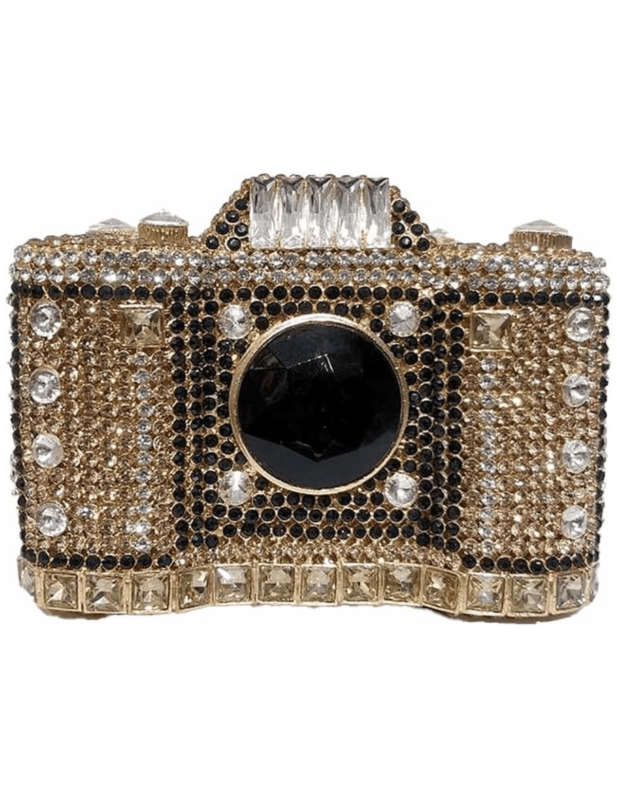 Fleur de Camélia Naomi Rhinestone Camera Clutch in gold with rhinestone detailing.