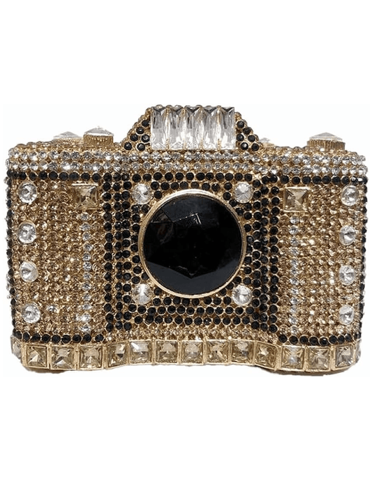 Fleur de Camélia Naomi Rhinestone Camera Clutch in gold with rhinestone detailing.