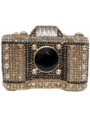 Fleur de Camélia Naomi Rhinestone Camera Clutch in gold with rhinestone detailing.