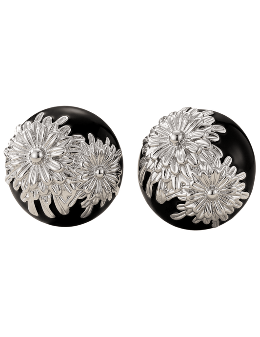 Fleur de Camélia Olea Button Earrings in Black & Silver