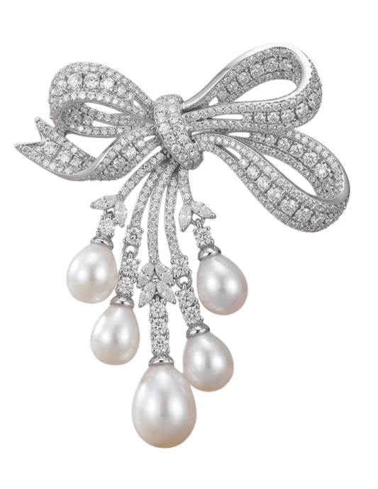 Fleur de Camelia pavé bow brooch silver pearl dangle