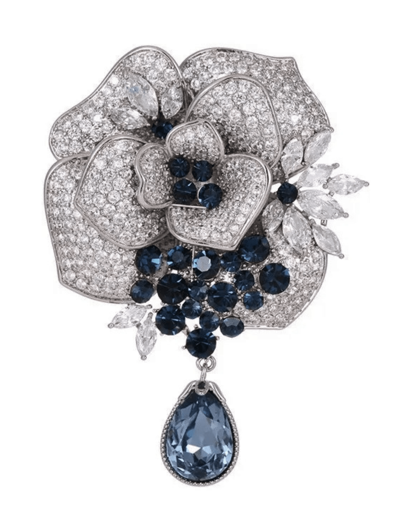 Fleur de Camelia pavé flower brooch silver navy crystals