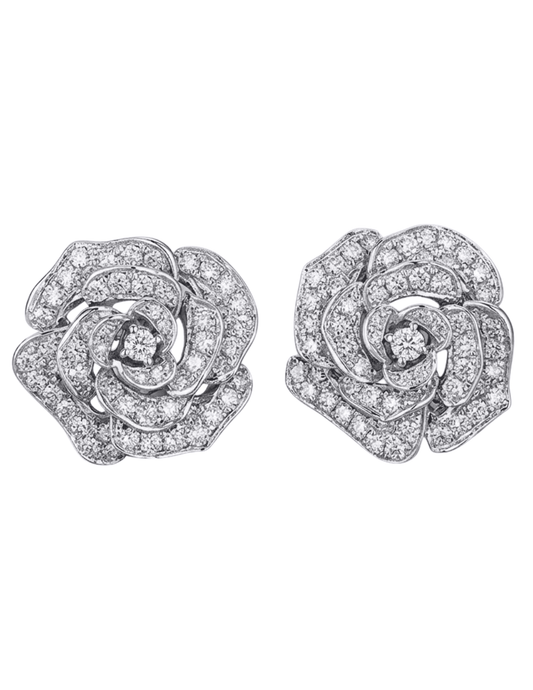 Fleur de Camélia pavé stud earrings in silver floral design