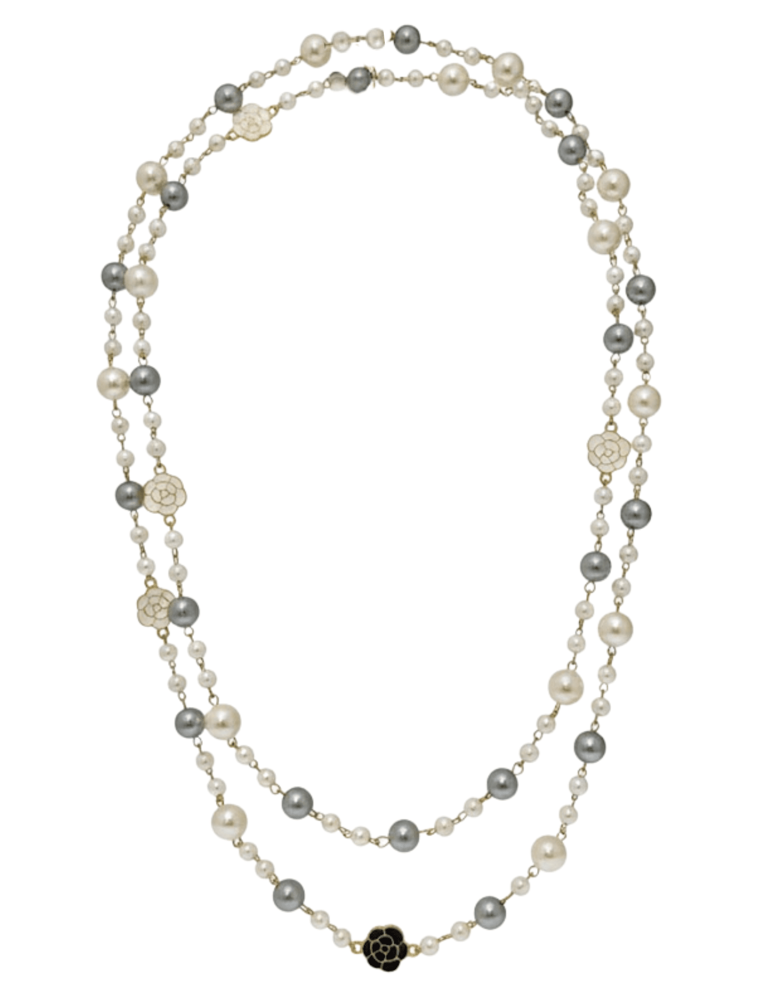 Fleur de Camélia pearl and grey long necklace with enamel camelia flower charms