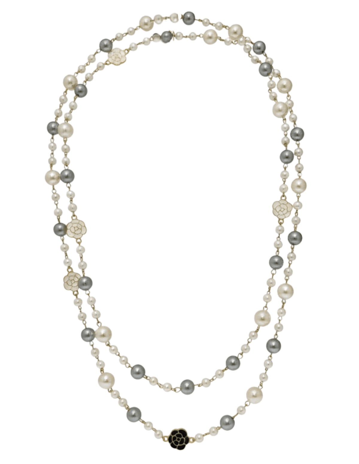 Fleur de Camélia pearl and grey long necklace with enamel camelia flower charms