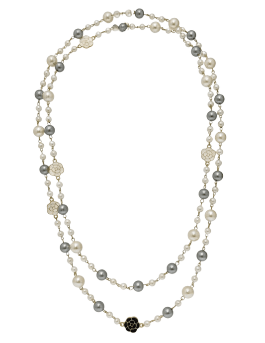 Fleur de Camélia pearl and grey long necklace with enamel camelia flower charms