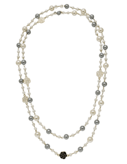 Fleur de Camélia pearl and grey long necklace with enamel camelia flower charms