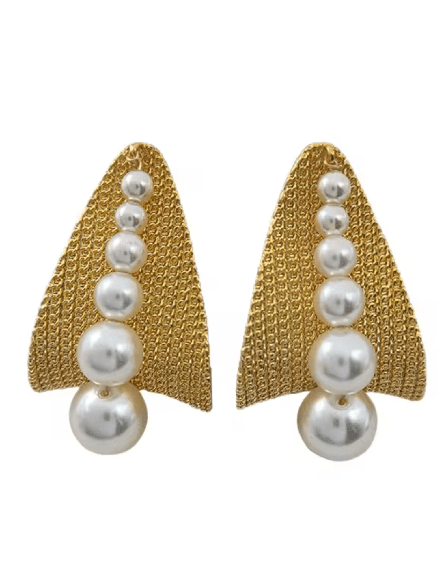 Fleur de Camélia Pia Earrings with triangular gold base and cascading faux pearls
