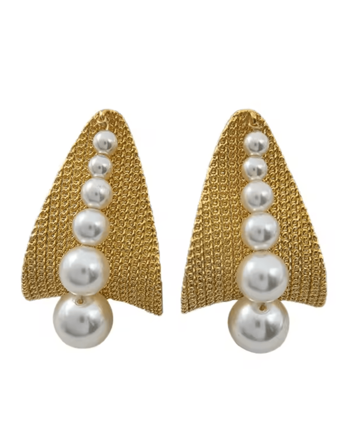 Fleur de Camélia Pia Earrings with triangular gold base and cascading faux pearls