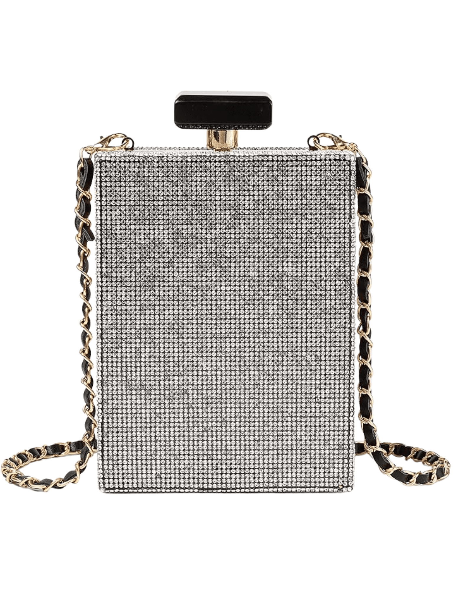 Silver rhinestone perfume-bottle crossbody bag with Paris plaque