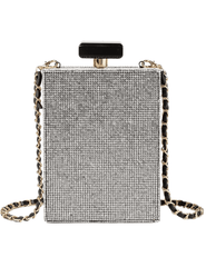 Silver rhinestone perfume-bottle crossbody bag with Paris plaque