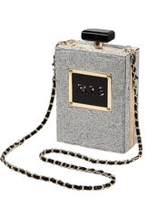 Silver rhinestone perfume-bottle crossbody bag with Paris plaque