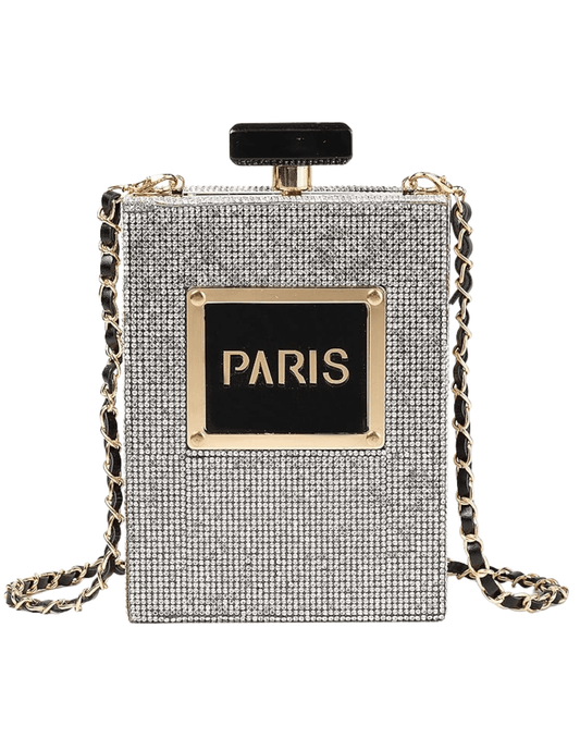 Rhinestone Audrey Parfum Crossbody in silver with gold chain