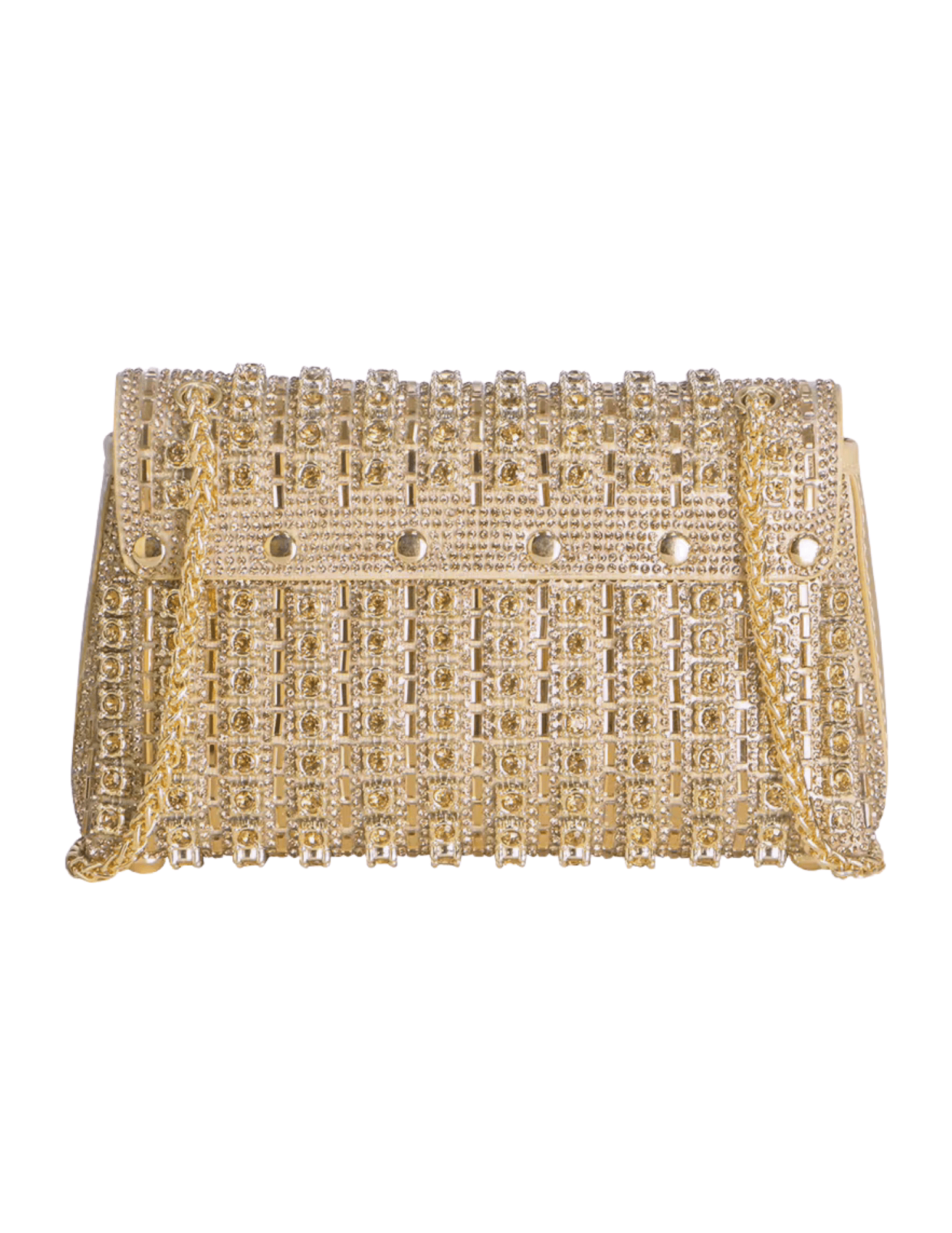 Back view of Fleur de Camélia Rosalie Gold Evening Bag showing intricate rhinestone embellishments and structured rectangular design.