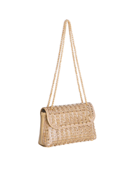 Fleur de Camélia Rosalie Gold Rhinestone Evening Bag displayed with its gold-tone shoulder chain and sparkling embellished exterior.
