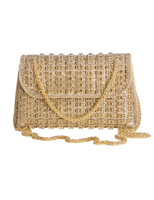 Fleur de Camélia Rosalie Embellished Evening Bag in Gold featuring allover sparkling rhinestones, a structured flap silhouette, and gold-tone chain.