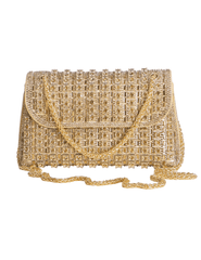 Fleur de Camélia Rosalie Embellished Evening Bag in Gold featuring allover sparkling rhinestones, a structured flap silhouette, and gold-tone chain.