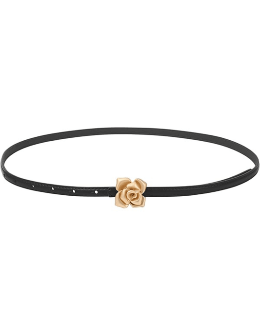 Fleur de Camélia Rosie black leather belt with gold-tone rose buckle