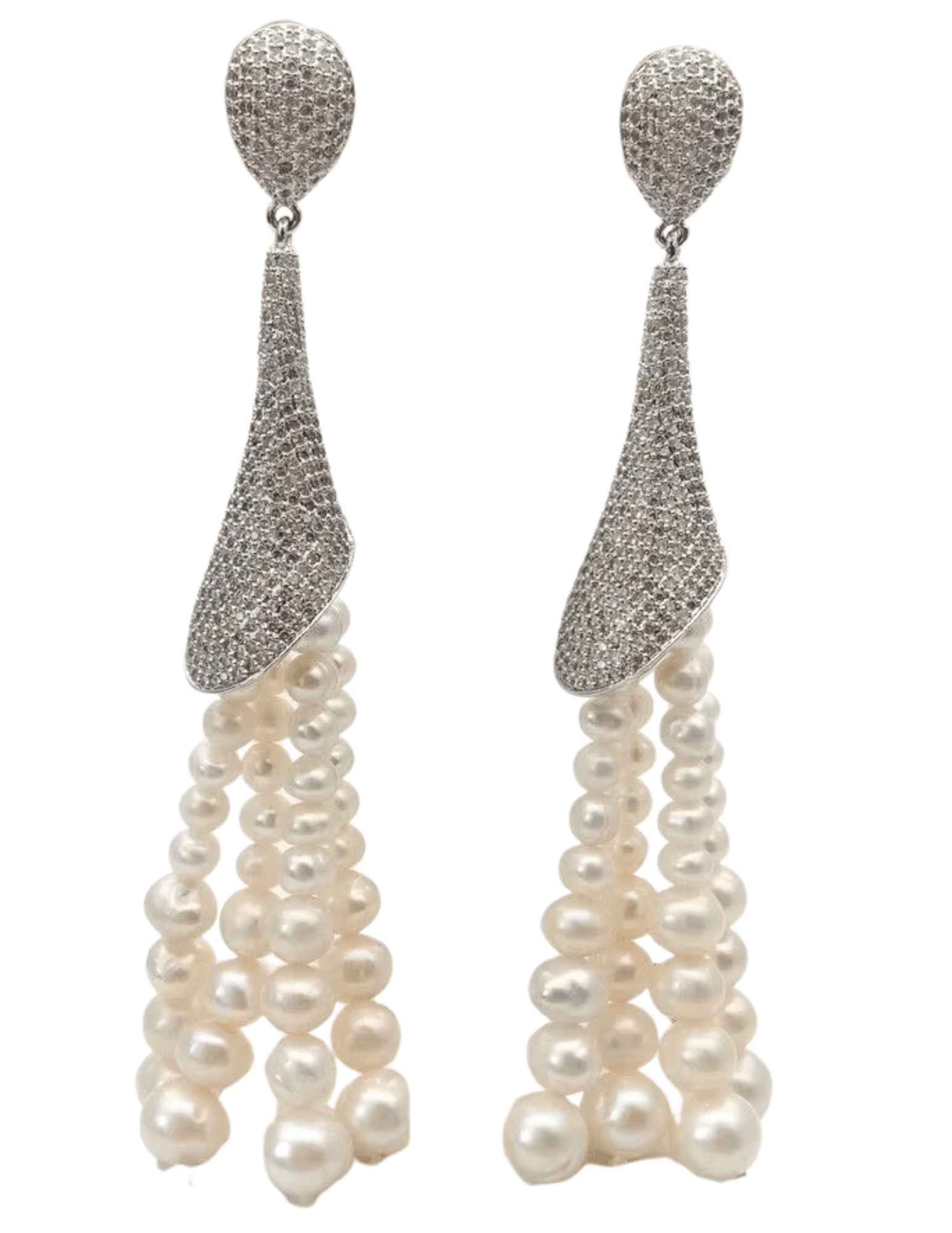“Fleur de Camélia Sabrina Pearl Tassel Earrings in silver pearl. 