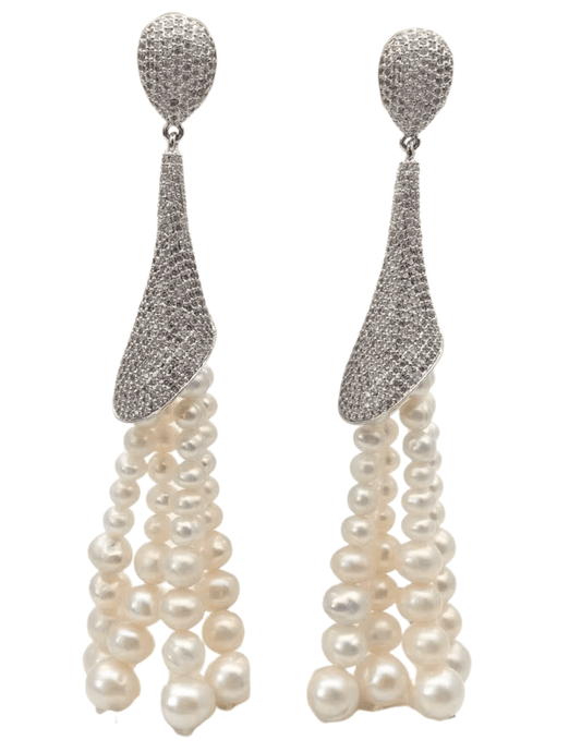 “Fleur de Camélia Sabrina Pearl Tassel Earrings in silver pearl. 